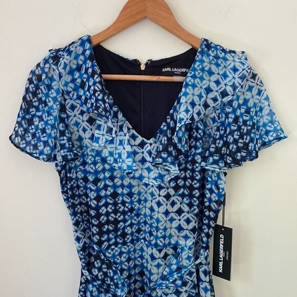KARL LAGERFELD PARIS Blue Printed Flutter Sleeve Dress - Picture 5 of 16